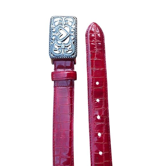 Brighton Red Patent Croc Leather Belt – Rhinestone Heart Buckle – Size 32 - Picture 6 of 11
